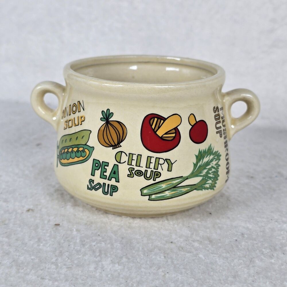 Vintage 70s Soup Mug Cup Double Handle Japan Onion Pea Celery And Mushroom Soup